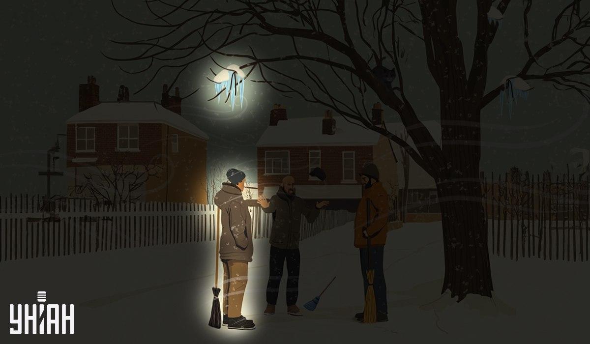 Jeden ze školníků stál pod rampouchy, které visely na stromě / koláž Moje